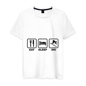 Мужская футболка хлопок с принтом Eat Sleep Ski (Еда, Сон, Лыжи) в Белгороде, 100% хлопок | прямой крой, круглый вырез горловины, длина до линии бедер, слегка спущенное плечо. | eat sleep ski | горнолыжная тема | еда | лыжи | сноуборд | сон | спорт
