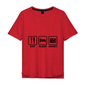 Мужская футболка хлопок Oversize с принтом Eat Sleep Shoot (Ешь, Спи, Фотографируй) в Белгороде, 100% хлопок | свободный крой, круглый ворот, “спинка” длиннее передней части | eat sleep shoot | вилка | ешь | кровать | снимок | сон | спи | фотоаппарат | фотографируй
