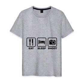 Мужская футболка хлопок с принтом Eat Sleep Shoot (Ешь, Спи, Фотографируй) в Белгороде, 100% хлопок | прямой крой, круглый вырез горловины, длина до линии бедер, слегка спущенное плечо. | eat sleep shoot | вилка | ешь | кровать | снимок | сон | спи | фотоаппарат | фотографируй