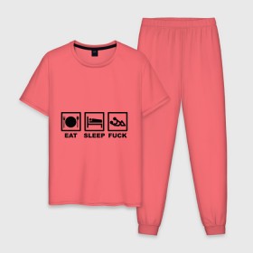 Мужская пижама хлопок с принтом Eat sleep fuck в Белгороде, 100% хлопок | брюки и футболка прямого кроя, без карманов, на брюках мягкая резинка на поясе и по низу штанин
 | Тематика изображения на принте: еда | кровать | любовь | сон