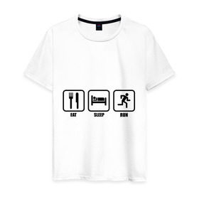 Мужская футболка хлопок с принтом Eat Sleep Run (Еда, Сон, Бег) в Белгороде, 100% хлопок | прямой крой, круглый вырез горловины, длина до линии бедер, слегка спущенное плечо. | eat sleep run | бег | вилка | еда | кровать | сон
