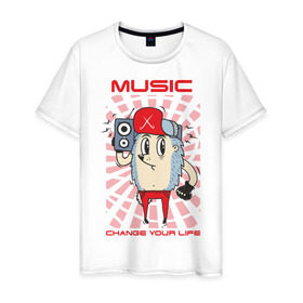 Мужская футболка хлопок с принтом Music - Change for Life в Белгороде, 100% хлопок | прямой крой, круглый вырез горловины, длина до линии бедер, слегка спущенное плечо. | music | music   change for life | ежик | кепка | музыка | прикольный ежик