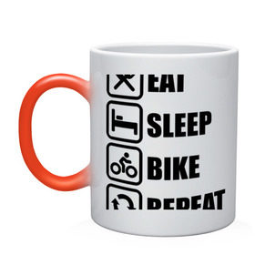 Кружка хамелеон с принтом Eat Sleep Bike Repeat в Белгороде, керамика | меняет цвет при нагревании, емкость 330 мл | bike | eat | eat sleep bike repeat | repeat | sleep | велоспорт | кровать | спорт