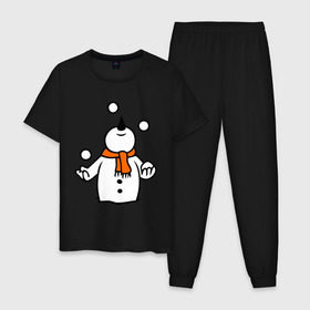 Мужская пижама хлопок с принтом Снеговик играет в снежки. в Белгороде, 100% хлопок | брюки и футболка прямого кроя, без карманов, на брюках мягкая резинка на поясе и по низу штанин
 | Тематика изображения на принте: новый год | новый год 2014 | подарки | снег | снеговик | снеговик играет в снежки | снежки