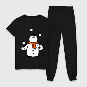Женская пижама хлопок с принтом Снеговик играет в снежки. в Белгороде, 100% хлопок | брюки и футболка прямого кроя, без карманов, на брюках мягкая резинка на поясе и по низу штанин | новый год | новый год 2014 | подарки | снег | снеговик | снеговик играет в снежки | снежки