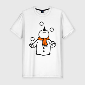 Мужская футболка премиум с принтом Снеговик играет в снежки. в Белгороде, 92% хлопок, 8% лайкра | приталенный силуэт, круглый вырез ворота, длина до линии бедра, короткий рукав | новый год | новый год 2014 | подарки | снег | снеговик | снеговик играет в снежки | снежки