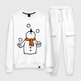 Женский костюм хлопок с принтом Снеговик играет в снежки. в Белгороде, 100% хлопок | на свитшоте круглая горловина, мягкая резинка по низу. Брюки заужены к низу, на них два вида карманов: два 