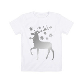 Детская футболка хлопок с принтом Олень в Белгороде, 100% хлопок | круглый вырез горловины, полуприлегающий силуэт, длина до линии бедер | новогодний подарок | олень и  снежинки | с новым годом | северный олень | снег | снежинки