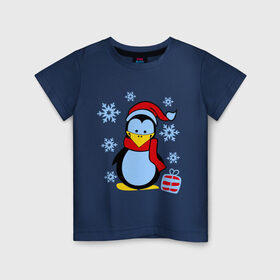 Детская футболка хлопок с принтом Пингвин в новогодней шапке в Белгороде, 100% хлопок | круглый вырез горловины, полуприлегающий силуэт, длина до линии бедер | Тематика изображения на принте: пингвин