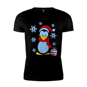 Мужская футболка премиум с принтом Пингвин в новогодней шапке в Белгороде, 92% хлопок, 8% лайкра | приталенный силуэт, круглый вырез ворота, длина до линии бедра, короткий рукав | Тематика изображения на принте: пингвин