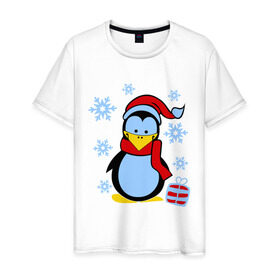 Мужская футболка хлопок с принтом Пингвин в новогодней шапке в Белгороде, 100% хлопок | прямой крой, круглый вырез горловины, длина до линии бедер, слегка спущенное плечо. | пингвин
