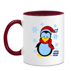 Кружка двухцветная с принтом Пингвин в новогодней шапке в Белгороде, керамика | объем — 330 мл, диаметр — 80 мм. Цветная ручка и кайма сверху, в некоторых цветах — вся внутренняя часть | пингвин