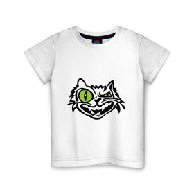 Детская футболка хлопок с принтом Свирепый кот в Белгороде, 100% хлопок | круглый вырез горловины, полуприлегающий силуэт, длина до линии бедер | глаза | зеленные глаза | зубы | кот | кот с зеленными глаза | котяра | кошачий глаз | свирепый кот