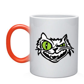 Кружка хамелеон с принтом Свирепый кот в Белгороде, керамика | меняет цвет при нагревании, емкость 330 мл | глаза | зеленные глаза | зубы | кот | кот с зеленными глаза | котяра | кошачий глаз | свирепый кот