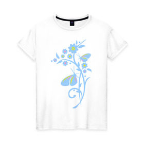 Женская футболка хлопок с принтом Бабочки на цветке в Белгороде, 100% хлопок | прямой крой, круглый вырез горловины, длина до линии бедер, слегка спущенное плечо | 