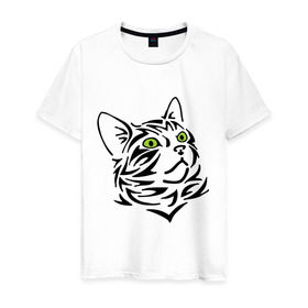 Мужская футболка хлопок с принтом Узор - кот в Белгороде, 100% хлопок | прямой крой, круглый вырез горловины, длина до линии бедер, слегка спущенное плечо. | глаза | киска | кот с зеленными глазами | кошки | силуэт  кота | узор   кот