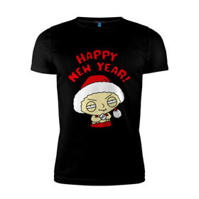 Мужская футболка премиум с принтом Стьюи с Новым Годом! в Белгороде, 92% хлопок, 8% лайкра | приталенный силуэт, круглый вырез ворота, длина до линии бедра, короткий рукав | 2014 | дед мороз | идеи подарков | новый год 2014 | подарки | праздник | санта | сновым годом | стьюи с новым годом