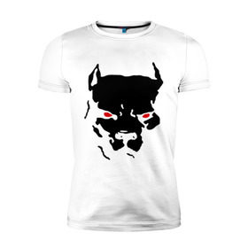 Мужская футболка премиум с принтом Стаффордширский терьер в Белгороде, 92% хлопок, 8% лайкра | приталенный силуэт, круглый вырез ворота, длина до линии бедра, короткий рукав | media | глаза | животные | красные глаза | пес | прикольные картинки | собака | старфорширдский терьер