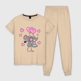 Женская пижама хлопок с принтом Влюбленные мышкі в Белгороде, 100% хлопок | брюки и футболка прямого кроя, без карманов, на брюках мягкая резинка на поясе и по низу штанин | влюбленные мышка | девушкам | красивые рисунки | мышки | сердечки