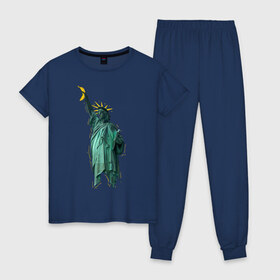 Женская пижама хлопок с принтом Статуя свободы в Белгороде, 100% хлопок | брюки и футболка прямого кроя, без карманов, на брюках мягкая резинка на поясе и по низу штанин | банан