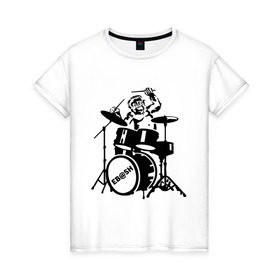 Женская футболка хлопок с принтом Обезьяна с барабанами в Белгороде, 100% хлопок | прямой крой, круглый вырез горловины, длина до линии бедер, слегка спущенное плечо | барабан | музыка | обезьяна с барабанами | разное