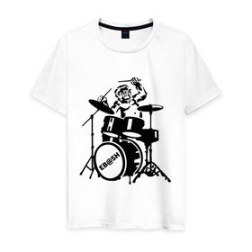Мужская футболка хлопок с принтом Обезьяна с барабанами в Белгороде, 100% хлопок | прямой крой, круглый вырез горловины, длина до линии бедер, слегка спущенное плечо. | барабан | музыка | обезьяна с барабанами | разное