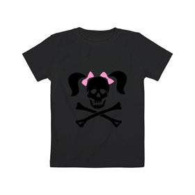 Детская футболка хлопок с принтом Девочка пиратка в Белгороде, 100% хлопок | круглый вырез горловины, полуприлегающий силуэт, длина до линии бедер | Тематика изображения на принте: бантики | девочка | череп | череп с  хвостиками | череп с бантиками