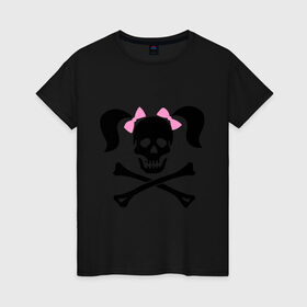 Женская футболка хлопок с принтом Девочка пиратка в Белгороде, 100% хлопок | прямой крой, круглый вырез горловины, длина до линии бедер, слегка спущенное плечо | бантики | девочка | череп | череп с  хвостиками | череп с бантиками