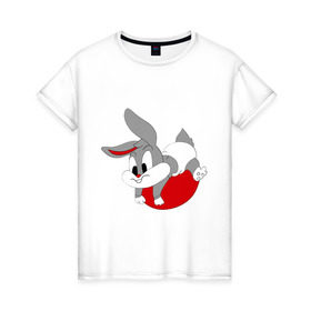 Женская футболка хлопок с принтом заяц в Белгороде, 100% хлопок | прямой крой, круглый вырез горловины, длина до линии бедер, слегка спущенное плечо | девушка | зайка | зайка малыш | зайка на мячике | заяц | красивые рисунки | ребенок