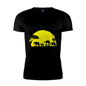 Мужская футболка премиум с принтом Слоники в Белгороде, 92% хлопок, 8% лайкра | приталенный силуэт, круглый вырез ворота, длина до линии бедра, короткий рукав | африканский | африканское солнце | животные | слоны  на фоне солнца | солнце | этнический