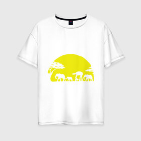 Женская футболка хлопок Oversize с принтом Слоники в Белгороде, 100% хлопок | свободный крой, круглый ворот, спущенный рукав, длина до линии бедер
 | африканский | африканское солнце | животные | слоны  на фоне солнца | солнце | этнический