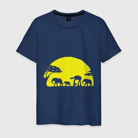 Мужская футболка хлопок с принтом Слоники в Белгороде, 100% хлопок | прямой крой, круглый вырез горловины, длина до линии бедер, слегка спущенное плечо. | Тематика изображения на принте: африканский | африканское солнце | животные | слоны  на фоне солнца | солнце | этнический