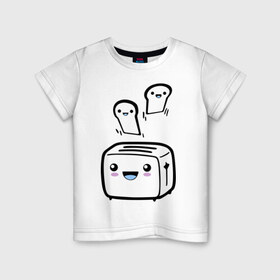Детская футболка хлопок с принтом Позитивный тостер в Белгороде, 100% хлопок | круглый вырез горловины, полуприлегающий силуэт, длина до линии бедер | Тематика изображения на принте: бутерброд | гренки | еда | позитив | позитивный тостер | смайл | тостер | хлеб