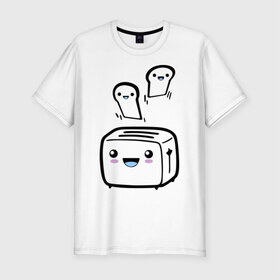 Мужская футболка премиум с принтом Позитивный тостер в Белгороде, 92% хлопок, 8% лайкра | приталенный силуэт, круглый вырез ворота, длина до линии бедра, короткий рукав | бутерброд | гренки | еда | позитив | позитивный тостер | смайл | тостер | хлеб