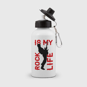 Бутылка спортивная с принтом Rock is my life (Рок-это моя жизнь) в Белгороде, металл | емкость — 500 мл, в комплекте две пластиковые крышки и карабин для крепления | rock | рок