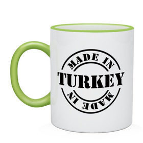 Кружка двухцветная с принтом Made in Turkey (сделано в Турции) в Белгороде, керамика | объем — 330 мл, диаметр — 80 мм. Цветная ручка и кайма сверху, в некоторых цветах — вся внутренняя часть | made in turkey | сделано в турции | туристические | турция