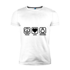 Мужская футболка премиум с принтом Peace Love Penguins (мир, любовь, пингвины) в Белгороде, 92% хлопок, 8% лайкра | приталенный силуэт, круглый вырез ворота, длина до линии бедра, короткий рукав | peace love penguins | животные | любовь | мир | пингвины