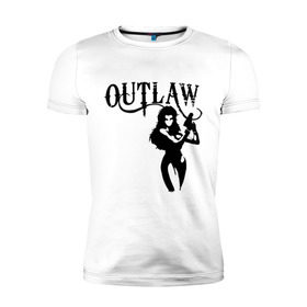 Мужская футболка премиум с принтом Outlaw (вне закона) в Белгороде, 92% хлопок, 8% лайкра | приталенный силуэт, круглый вырез ворота, длина до линии бедра, короткий рукав | outlaw | вне закона | выстрел | девушка | оружие | прикольные картинки