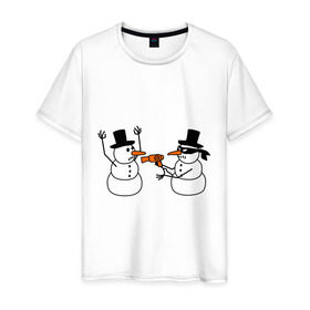 Мужская футболка хлопок с принтом Снеговик грабитель в Белгороде, 100% хлопок | прямой крой, круглый вырез горловины, длина до линии бедер, слегка спущенное плечо. | идеи подарков | с новым годом | снеговик грабитель | снеговики | снеговики бандиты | фен