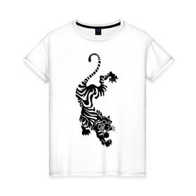 Женская футболка хлопок с принтом Тигр в японском стиле в Белгороде, 100% хлопок | прямой крой, круглый вырез горловины, длина до линии бедер, слегка спущенное плечо | животные | зубы | нападения | тигр | тигр в японском стиле | японский стиль