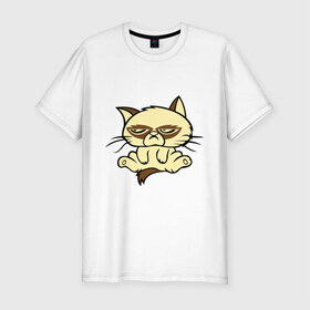 Мужская футболка премиум с принтом Недовольный кот в Белгороде, 92% хлопок, 8% лайкра | приталенный силуэт, круглый вырез ворота, длина до линии бедра, короткий рукав | Тематика изображения на принте: девушкам | кот | котик | милые создания | недовольный кот