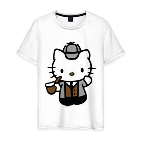 Мужская футболка хлопок с принтом Kitty Holmes в Белгороде, 100% хлопок | прямой крой, круглый вырез горловины, длина до линии бедер, слегка спущенное плечо. | holmes | kitty | kitty holmes | кино | киски | котик | кошки | мультфильмы и тв