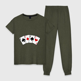 Женская пижама хлопок с принтом Четыре туза в Белгороде, 100% хлопок | брюки и футболка прямого кроя, без карманов, на брюках мягкая резинка на поясе и по низу штанин | игра | игральные карты | карты | покер | туз | тузы | четыре туза