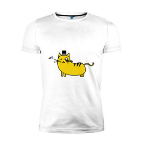 Мужская футболка премиум с принтом Кот аристократ в Белгороде, 92% хлопок, 8% лайкра | приталенный силуэт, круглый вырез ворота, длина до линии бедра, короткий рукав | Тематика изображения на принте: аристократ | желтый кот | кот | кот аристократ | котик | котяра | цилиндр