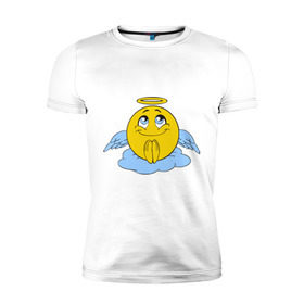 Мужская футболка премиум с принтом Ангел смайл в Белгороде, 92% хлопок, 8% лайкра | приталенный силуэт, круглый вырез ворота, длина до линии бедра, короткий рукав | smile. улыбка | ангел смайл | безумный смайл | позитив и смайлы | псих | смайл | смайлик