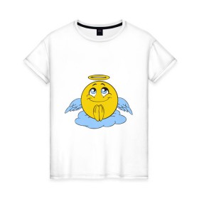 Женская футболка хлопок с принтом Ангел смайл в Белгороде, 100% хлопок | прямой крой, круглый вырез горловины, длина до линии бедер, слегка спущенное плечо | smile. улыбка | ангел смайл | безумный смайл | позитив и смайлы | псих | смайл | смайлик