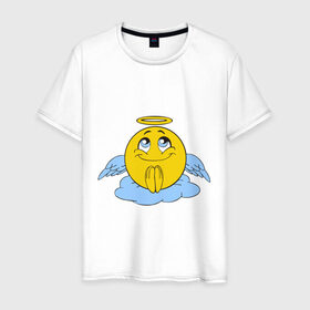 Мужская футболка хлопок с принтом Ангел смайл в Белгороде, 100% хлопок | прямой крой, круглый вырез горловины, длина до линии бедер, слегка спущенное плечо. | smile. улыбка | ангел смайл | безумный смайл | позитив и смайлы | псих | смайл | смайлик