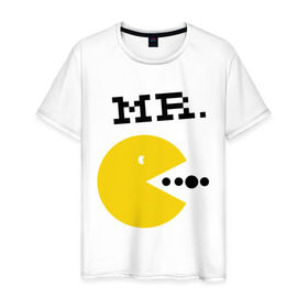 Мужская футболка хлопок с принтом Mистер Pac-Man (парная) в Белгороде, 100% хлопок | прямой крой, круглый вырез горловины, длина до линии бедер, слегка спущенное плечо. | Тематика изображения на принте: 
