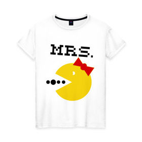 Женская футболка хлопок с принтом Миссис Pac-man (парная) в Белгороде, 100% хлопок | прямой крой, круглый вырез горловины, длина до линии бедер, слегка спущенное плечо | 14 февраля | : парные | для двоих | миссис pac man