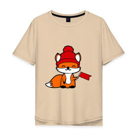 Мужская футболка хлопок Oversize с принтом лисичка с флажком в Белгороде, 100% хлопок | свободный крой, круглый ворот, “спинка” длиннее передней части | лиса